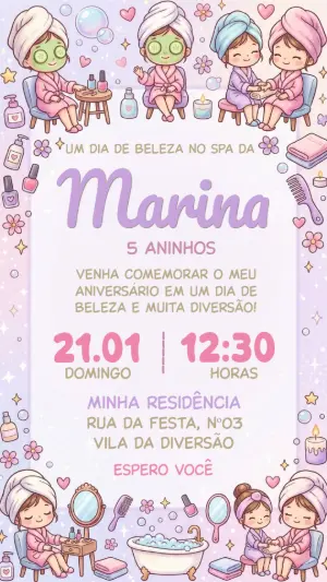 Convite de Aniversário Spa Infantil Lilás Editável