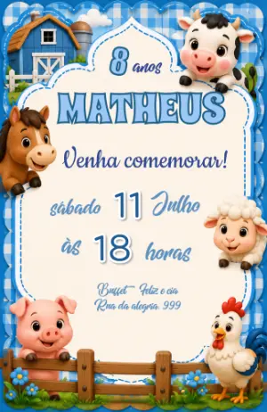 Convite de Aniversário Fazendinha Azul Editável