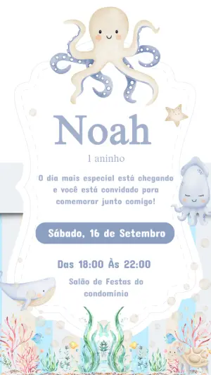 Convite Aniversário Fundo do Mar Aquarela para Editar Online