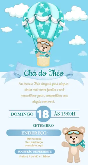 Convite Chá de Bebê Ursinho Baloeiro Azul para Editar