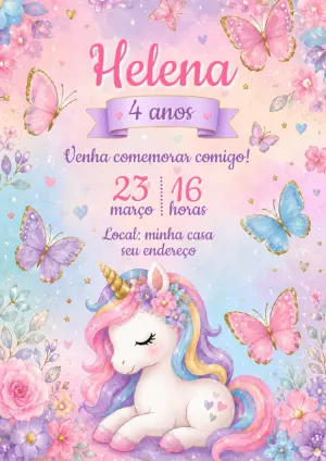 Convite de Aniversário Unicórnio Aquarela para Editar