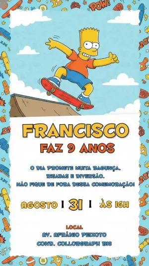 Convite Digital Aniversário Infantil Bart Simpson Editável