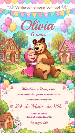 Convite de Aniversário Masha e o Urso Editável