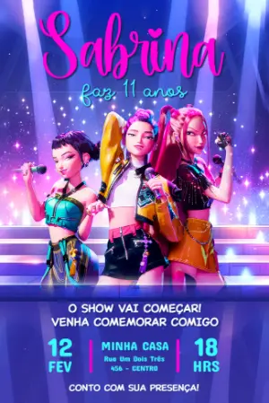 Convite de Aniversário Guerreiras do Kpop para Editar