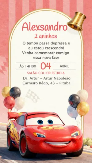 Convite de Aniversário Carros Relâmpago McQueen Editável