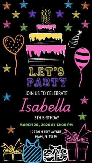Neon Chalkboard Birthday Invitation Editable Template