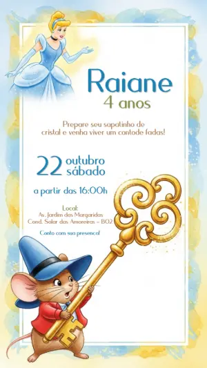 Convite de Aniversário Cinderela e Ratinho Editável Online