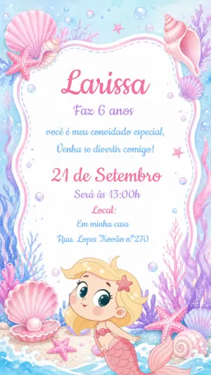 Convite de Aniversário Sereia Loira Fundo do Mar para Editar