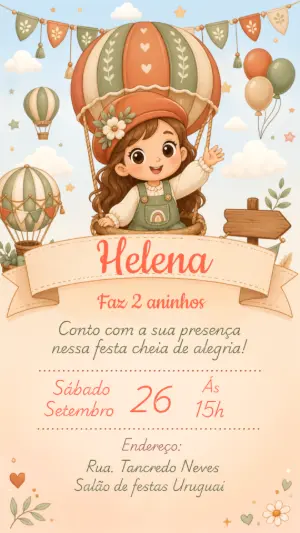 Convite Aniversário Balão Mágico Boho para Editar