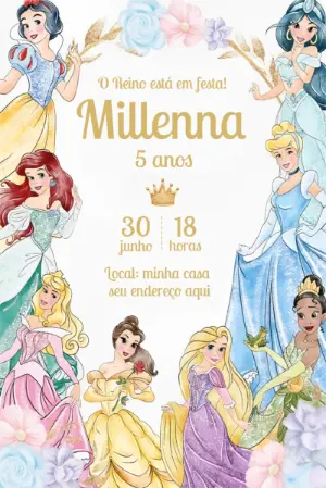 Convite de Aniversário Princesas Disney para Editar Online