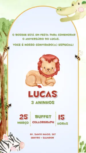 Convite de Aniversário Safari Leãozinho Aquarela para Editar