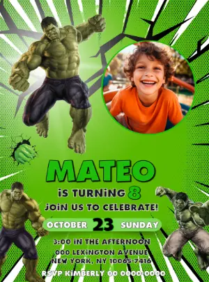 Hulk Birthday Invitation with Photo, Editable Digital Template