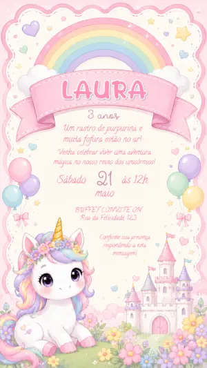 Convite Digital Aniversário Unicórnio Encantado para Editar