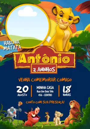 Convite Digital Rei Leão com Foto Editável para Festa Infantil