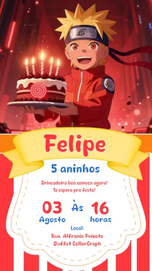 Convite de Aniversário Naruto Editável com Tema Ninja