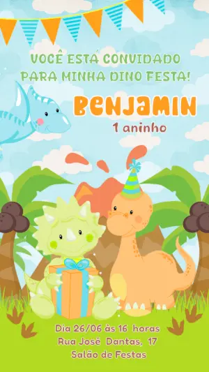 Convite Aniversário Dinossauro Baby Fofo para Editar Online