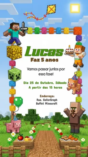 Convite de Aniversário Minecraft com Personagens para Editar Online