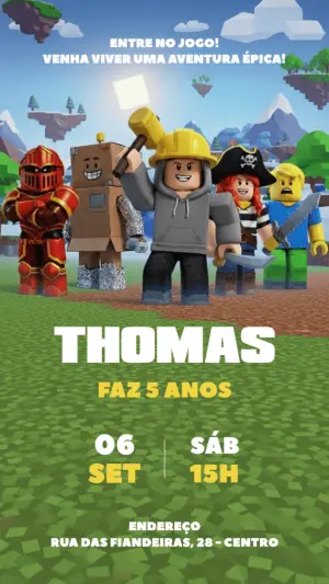 Convite de Aniversário Roblox com Personagens para Editar