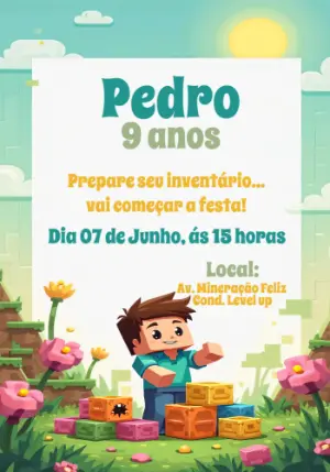 Convite de Aniversário Minecraft com Personagem para Editar