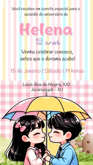 Convite de Aniversário Tema Dorama Romântico para Editar
