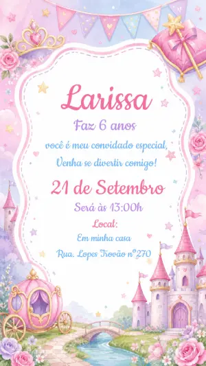 Convite de Aniversário Princesa Aquarela Editável