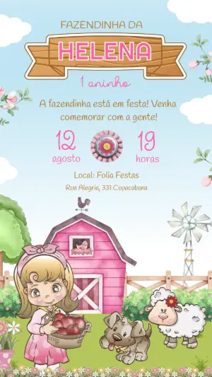 Convite de Aniversário Fazendinha Rosa Menina para Editar