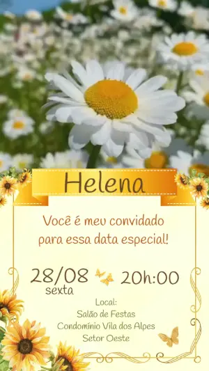 Convite Animado Aniversário Floral com Margaridas e Girassóis