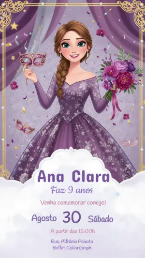 Convite de Aniversário Princesa Baile de Máscaras Roxo Editável