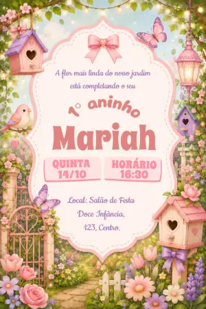 Convite Aniversário Jardim Encantado Rosa | Modelo Editável
