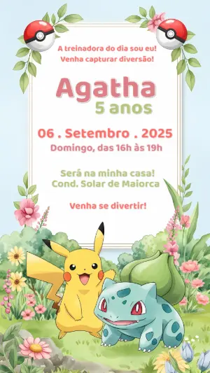 Convite Aniversário Pokémon Menina com Flores para Editar Online