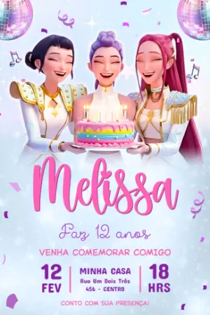 Convite de Aniversário K-pop Guerreiras 3D para Editar