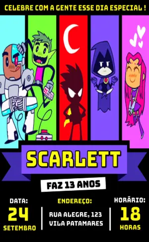 Convite de Aniversário Jovens Titãs em Ação Editável