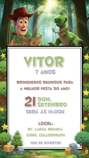 Convite de Aniversário Toy Story com Woody e Rex para Editar