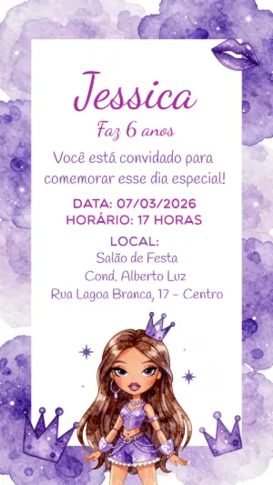 Convite de Aniversário Princesa Pop Roxo para Editar