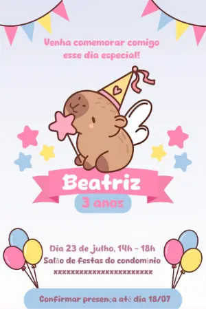 Convite de Aniversário Capivara Fofa para Editar Online
