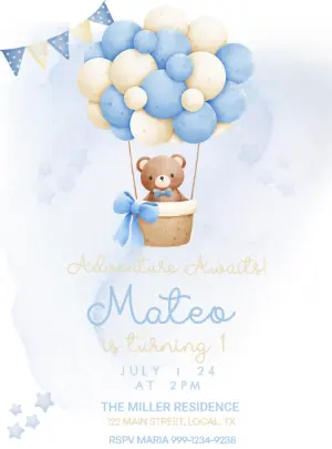 Teddy Bear Balloon Birthday Invitation to Edit Online