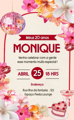Convite de Aniversário Tropical Disco Floral para Editar