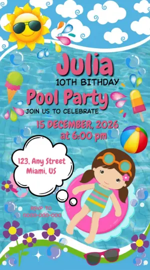 Editable Girl's Pool Party Birthday Invitation Template