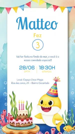 Convite de Aniversário Baby Shark Editável Online para Imprimir