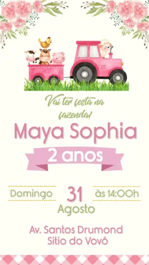 Convite Aniversário Fazendinha Rosa com Animais para Editar