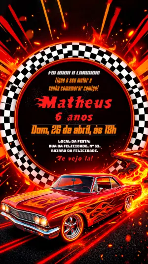 Convite de Aniversário Hotwheels em Chamas Editável