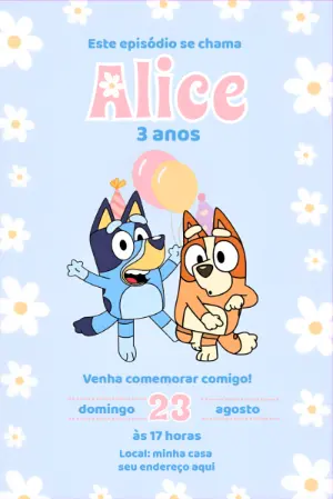 Convite de Aniversário Bluey e Bingo com Margaridas para Editar