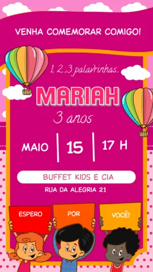 Convite Aniversário 3 Palavrinhas para Editar Online
