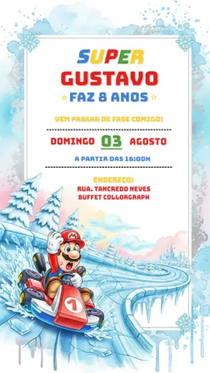 Convite de Aniversário Super Mario Kart na Neve para Editar
