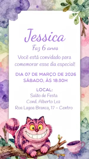 Convite Aniversário Gato de Cheshire Aquarela para Editar