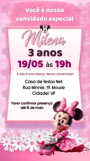 Convite de Aniversário Minnie Rosa Editável para Menina