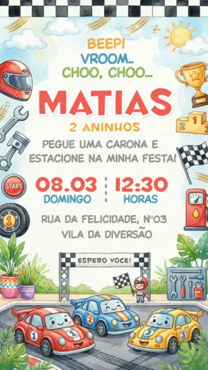 Convite de Aniversário Carros de Corrida Aquarela Editável