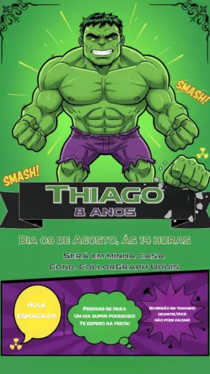 Convite Digital Aniversário do Hulk para Editar e Enviar