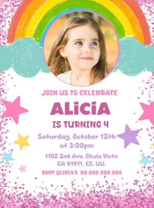 Glitter Rainbow Birthday Invitation with Photo - Editable