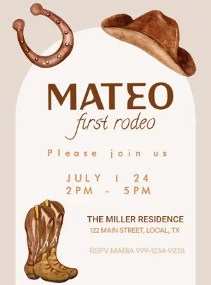 Editable First Rodeo Cowboy Birthday Invitation